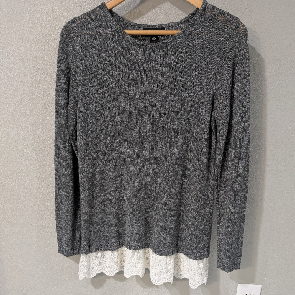 🎁 Bundle Only! 🎁 AB Studio Grey Knit Sweater with White Lace Hem